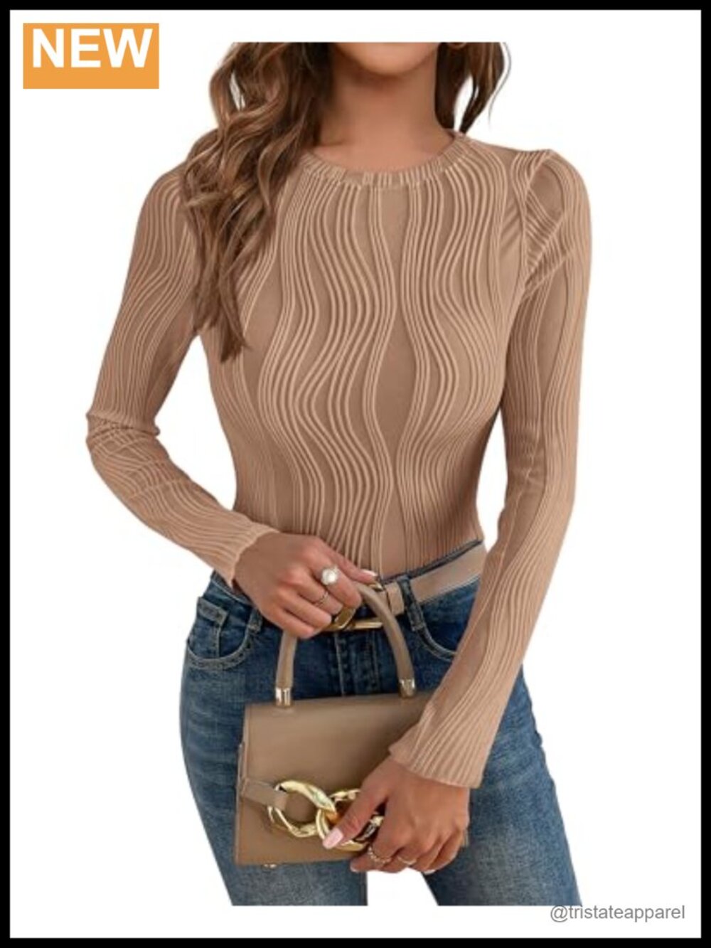 Womens Textured Knit Long Sleeve Slim Fit Crewneck T-Shirt